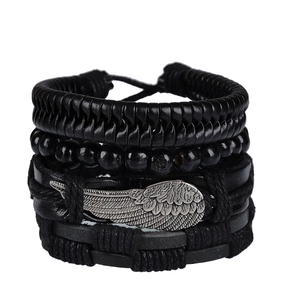 Punk Vintage Bracelet Multi-Rangs en Cuir Tressé Ensemble Alliage Plume Aile Charms Perles Réglable Fait à la Main Bijoux