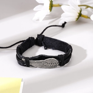 Bracelet tressé en cuir noir fait main avec un pendentif plume en alliage vintage
