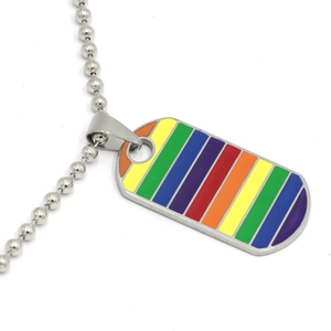 Rainbow striped stainless steel dog tag necklace with a polished silver ball chain