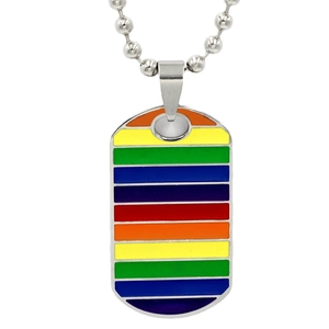 Rainbow striped dog tag pendant necklace in polished stainless steel with bead chain