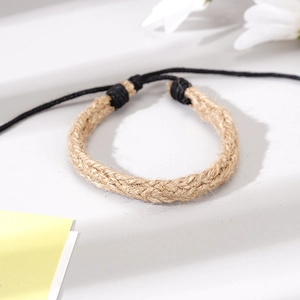 Handmade woven leather and jute bracelet for men with vintage adjustable rope cord