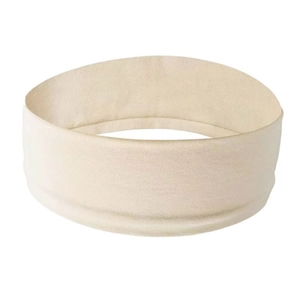 Close-up of a cream elastic yoga headband with knitted texture for sweat absorption