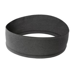 Close-up of dark grey elastic headband showing fine vertical knit texture for yoga