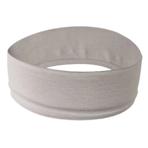 Close-up of light grey elastic knitted headband showing ribbed texture and stretchable fabric