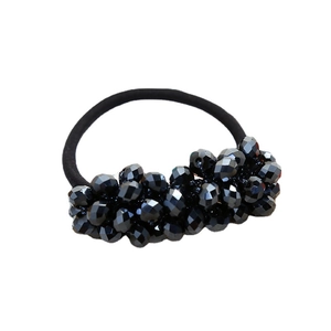 Handmade black crystal beaded hair tie with high elastic band and faceted pearls