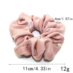 Pink satin hair scrunchie with pearl detail showing dimensions 11cm and 4cm width