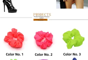 Detailed grid showing vibrant neon fabric scrunchies in coral, magenta, and green colors