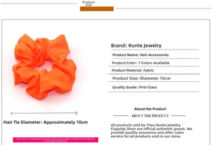 Detail view of bright orange fabric hair scrunchie with 10cm diameter measurement