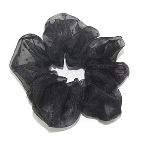 Polka dot black tulle scrunchie with sheer mesh fabric for elegant women's hair styling