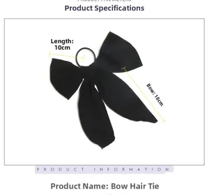 Detail view of black velvet bow hair tie with dimensions showing 18cm long streamers