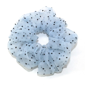 Light blue polka dot tulle scrunchie with soft mesh fabric for elegant hair styling