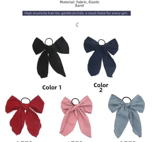 Detail of five assorted bow ribbon hair ties in black, navy, burgundy, and pastel colors