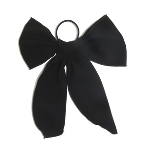 Classic black bow scrunchie with elegant chiffon ribbon streamers for women's hair styling