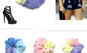 Detail of candy-colored pleated chiffon scrunchies in lavender, pink, and blue shades