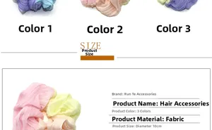 Size chart for colorful fabric scrunchies showing a 10cm diameter and three color options