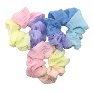 Women Pleated Color Block Chiffon Scrunchies Sweet Large Hair Ties Elastic Fabric Hair Bands Ponytail Holder Accessories