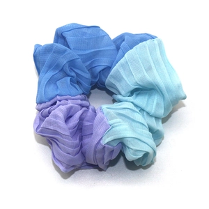 Three-color pleated chiffon hair scrunchie in navy blue, light blue, and lavender purple