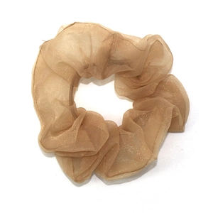 Elegant champagne gold organza scrunchie with glitter sequins on a white background