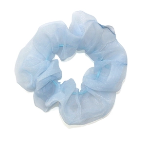 Light blue organza scrunchie with iridescent shimmer and elastic pleated hair tie design