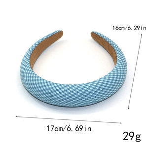 Blue and white plaid padded headband in cotton fabric with anti-slip lining