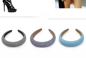Plaid padded headbands set featuring houndstooth and check patterns in various blue tones