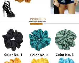 Detailed texture of assorted satin scrunchies in black, dark green, and sage green shades