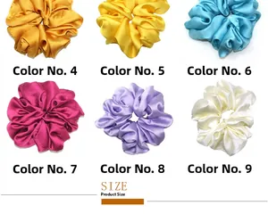Detailed grid view of assorted large satin scrunchies in six vibrant glossy colors