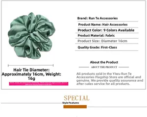 Detail view of large dark green satin scrunchie showing 16cm diameter and 16g weight