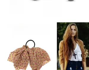 Detail of pink floral chiffon bow scrunchie with high-elasticity rubber band for women
