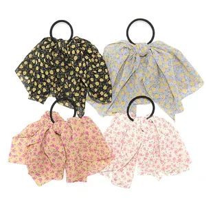 Sweet Floral Chiffon Bow Scrunchie Korean Style Elastic Hair Band Handmade Fabric Hair Accessory Daily Headwear For Women