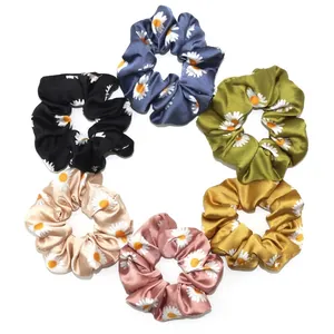 Chouchous à Cheveux en Tissu Satiné Imprimé Marguerite Style Coréen Élastiques à Cheveux Floraux Doux pour Femmes Quotidien