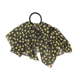Floral chiffon bow hair scrunchie with yellow rose pattern and white polka dots