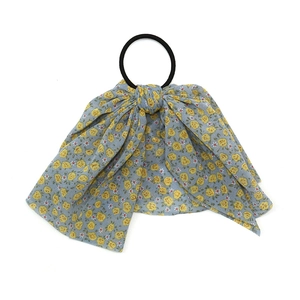 Cute light blue floral chiffon bow hair tie with yellow flower patterns and elastic band