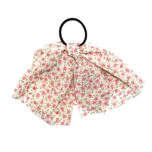Floral chiffon scrunchie with pink rose patterns and high elastic black hair tie
