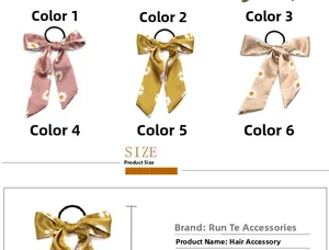 Close-up of assorted daisy print bow hair ties in pink yellow and champagne satin
