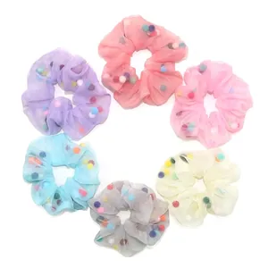 Chouchous Larges en Organza Doux Avec Pompons Colorés à L'intérieur Liens de Cheveux Élastiques en Maille Transparente pour Femmes Filles Accessoires de Support de Queue de Cheval de Mode