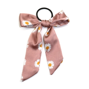 Elegant Korean style daisy bow hair scrunchie in vintage pink satin with floral pattern