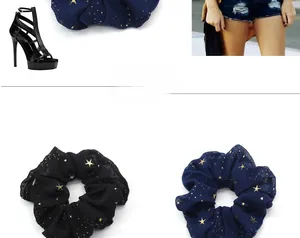 Détails de chouchous en mousseline noir et bleu marine avec motif d'étoiles dorées