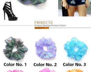 Close-up of three iridescent organza scrunchies in blue and purple shimmering colors