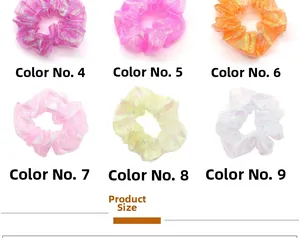 Set of 6 colorful laser organza scrunchies in violet, pink, and green shimmering fabric