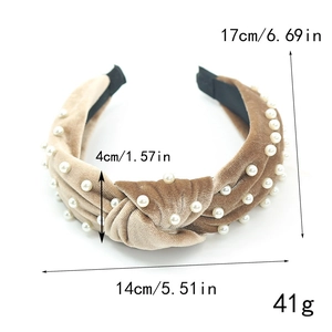 Elegant brown velvet knotted headband with white pearls for women 17cm by 14cm