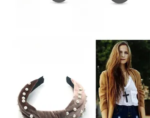 Detail of coffee brown velvet headband with pearl beads and wide padded design