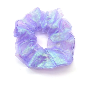 Iridescent purple laser fabric hair scrunchie with dreamy organza ruffle design