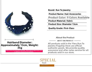 Detailed view of dark blue velvet knotted headband decorated with white pearls and size info