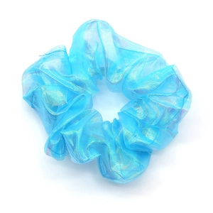 Dreamy iridescent organza hair scrunchie in sky blue with reflective metallic shimmer