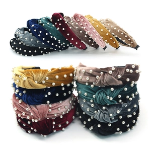 Vintage Velvet Knotted Headband With Faux Artificial Pearl Fashion Wide Padded Hairband For Women Daily Party Hair Accessories