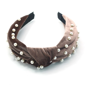 Elegant brown velvet knotted headband with white pearls for women hair accessory