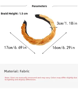 Detailed dimensions of yellow braided velvet headband showing 17cm width and 3cm thickness