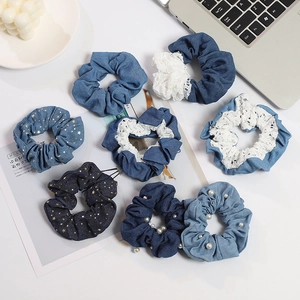 Denim Fabric Hair Scrunchie With Lace Artificial Pearl Gold Star Decorations Fashion Elastic Hair Tie For Women Girls Hair Accessory