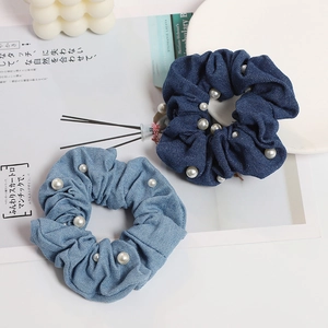 Denim scrunchie set with white pearls in light and dark blue for women's hair styling